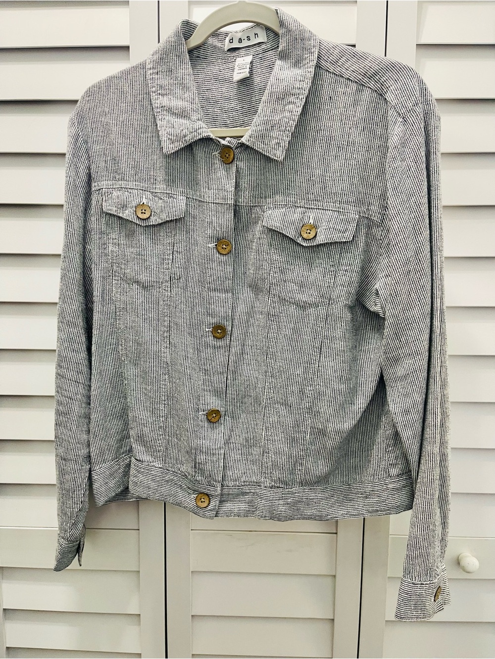 Dash Striped Linen  -Blend Jacket - Light Black Pinstripes with Front Pockets